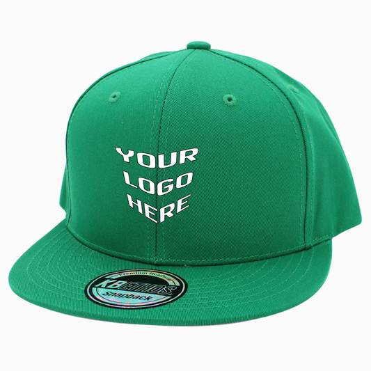 Green cotton snapback cap with front text and oval logo patch on brim