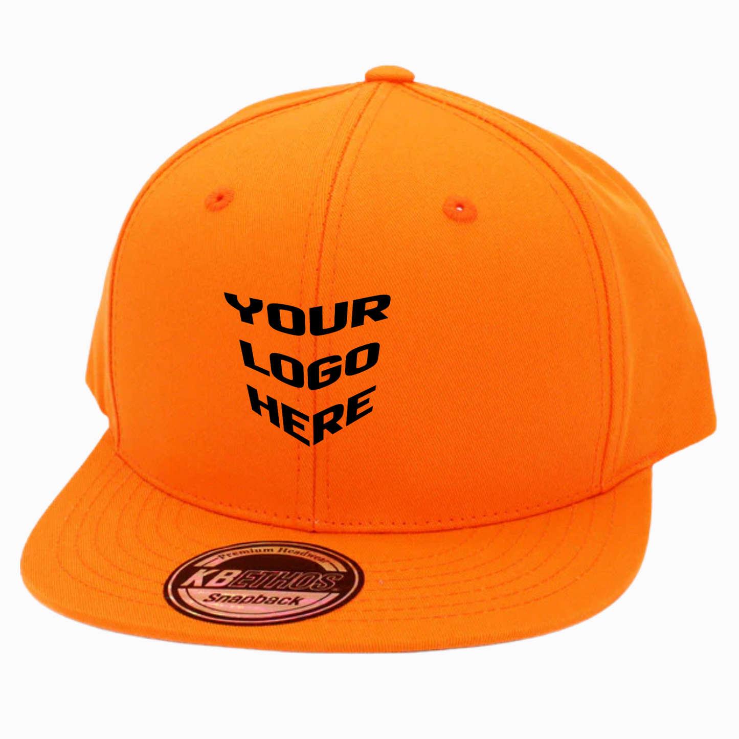 Orange cotton snapback cap with front text and oval logo patch on brim