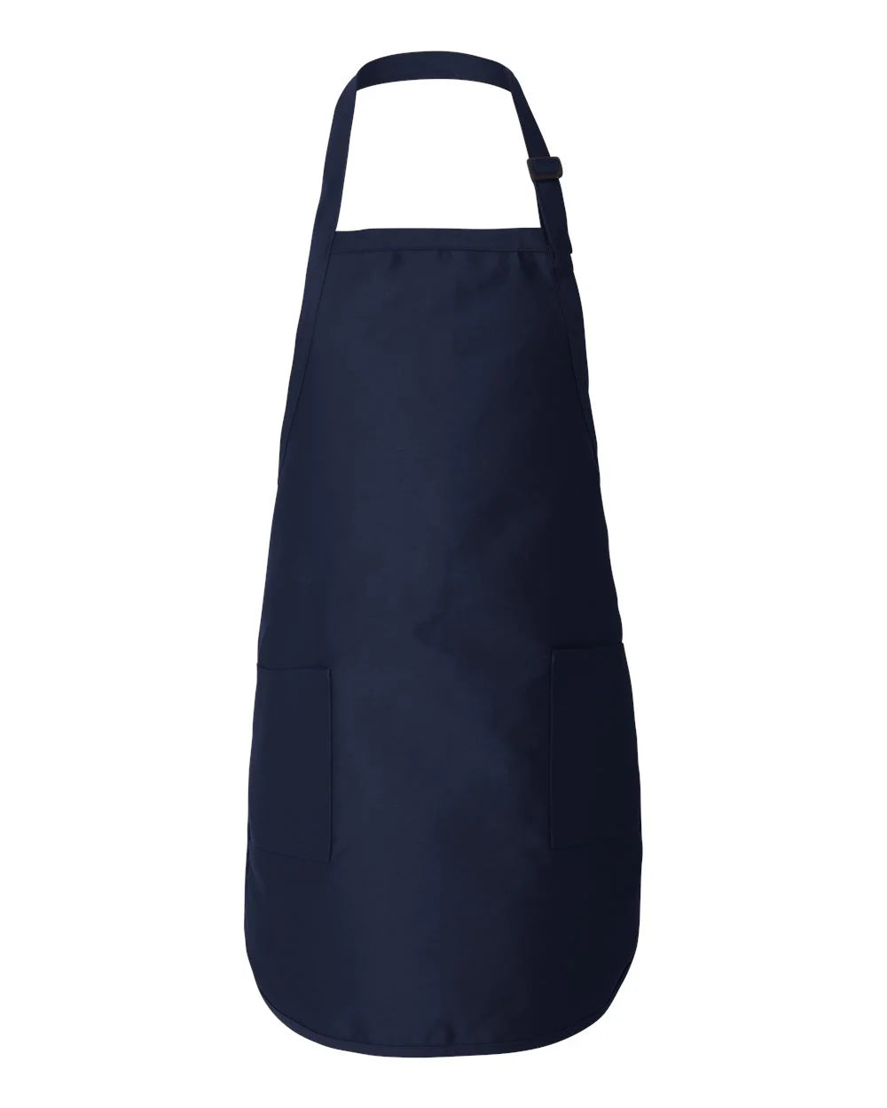 Navy full-length apron with front pocket and adjustable neck strap