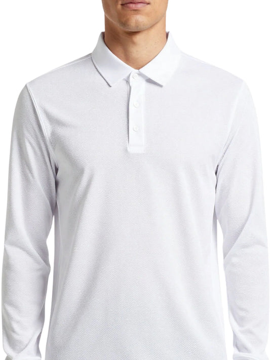 Unisex long-sleeve mesh polo shirt, white, buttoned collar and three-button placket