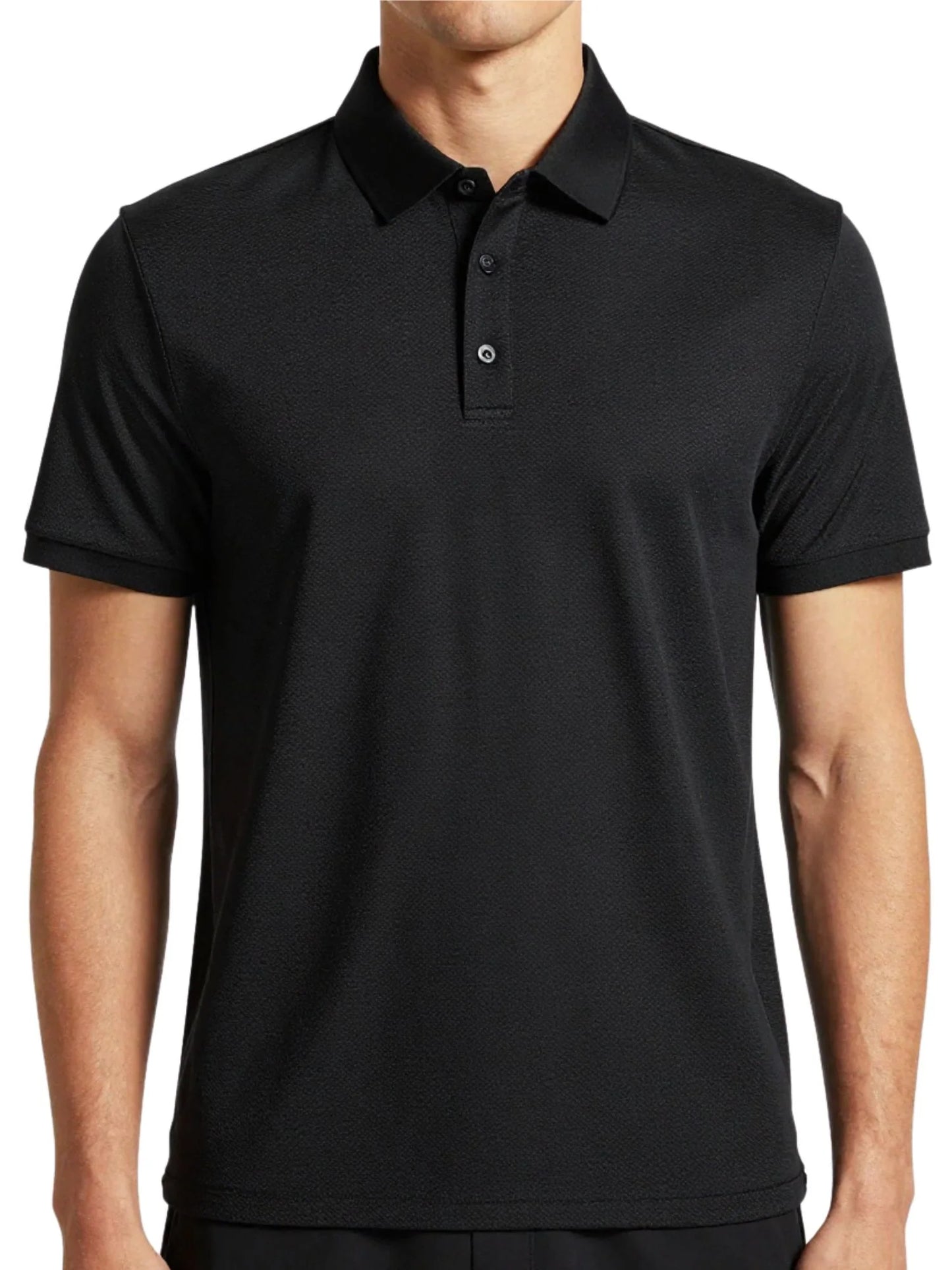 Black performance mesh polo with button placket and short sleeves