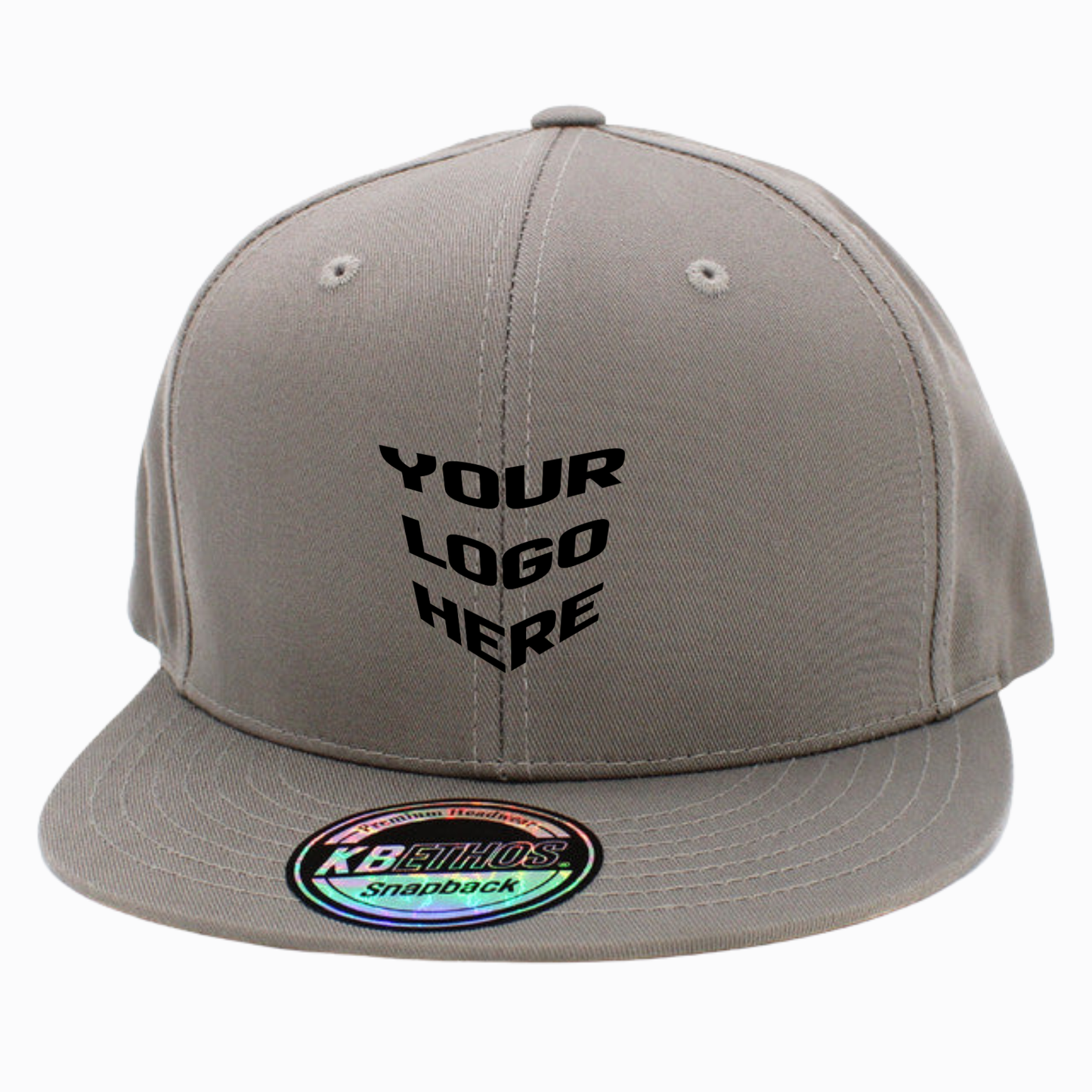 Gray cotton snapback cap with front text and oval logo patch on brim
