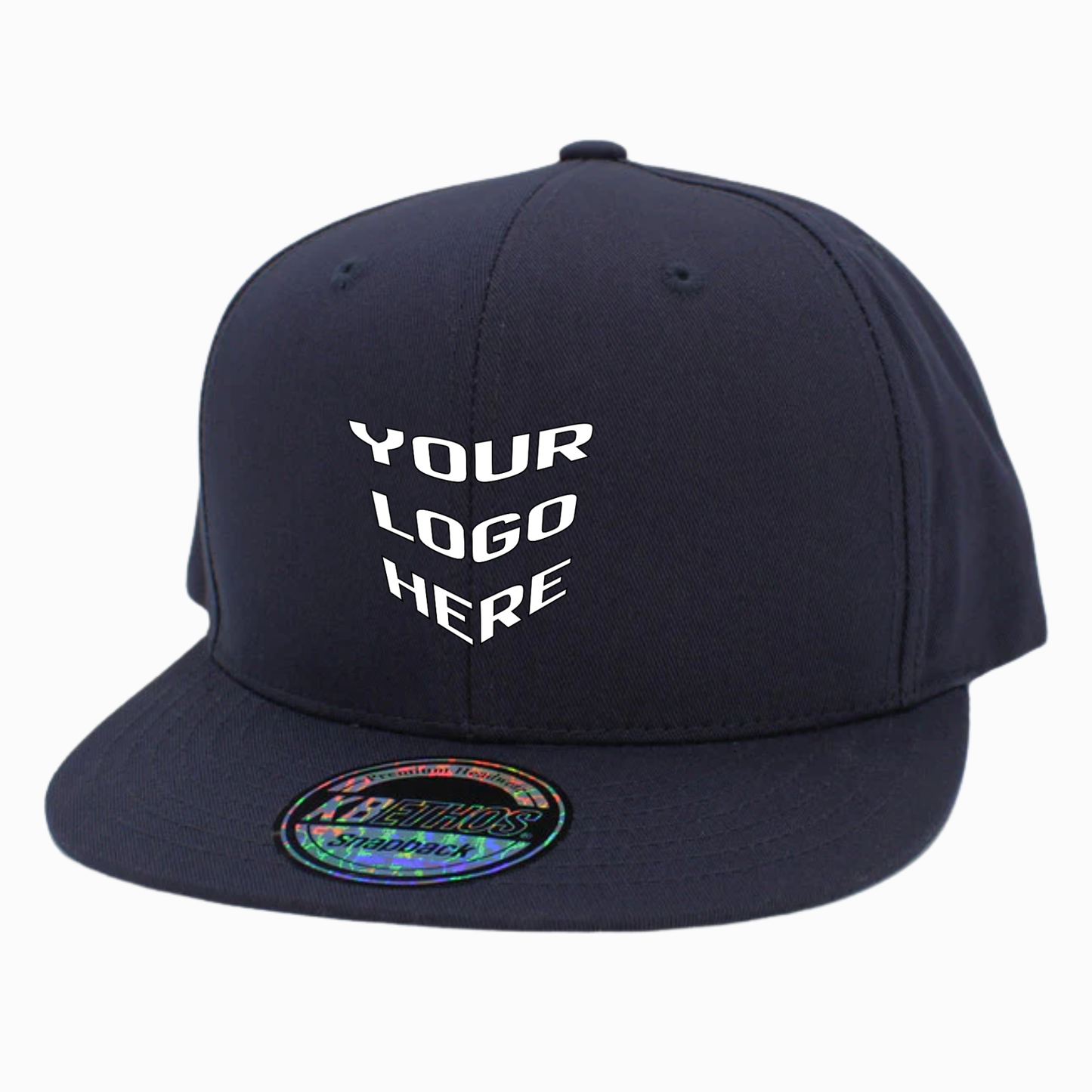 Navy cotton snapback cap with front text and oval logo patch on brim