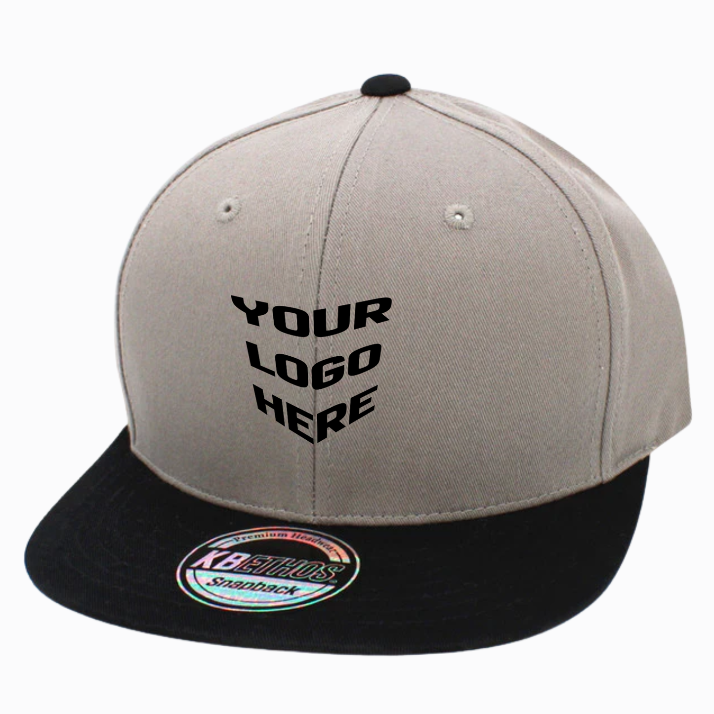 Beige-and-black cotton snapback cap with front text and oval logo patch