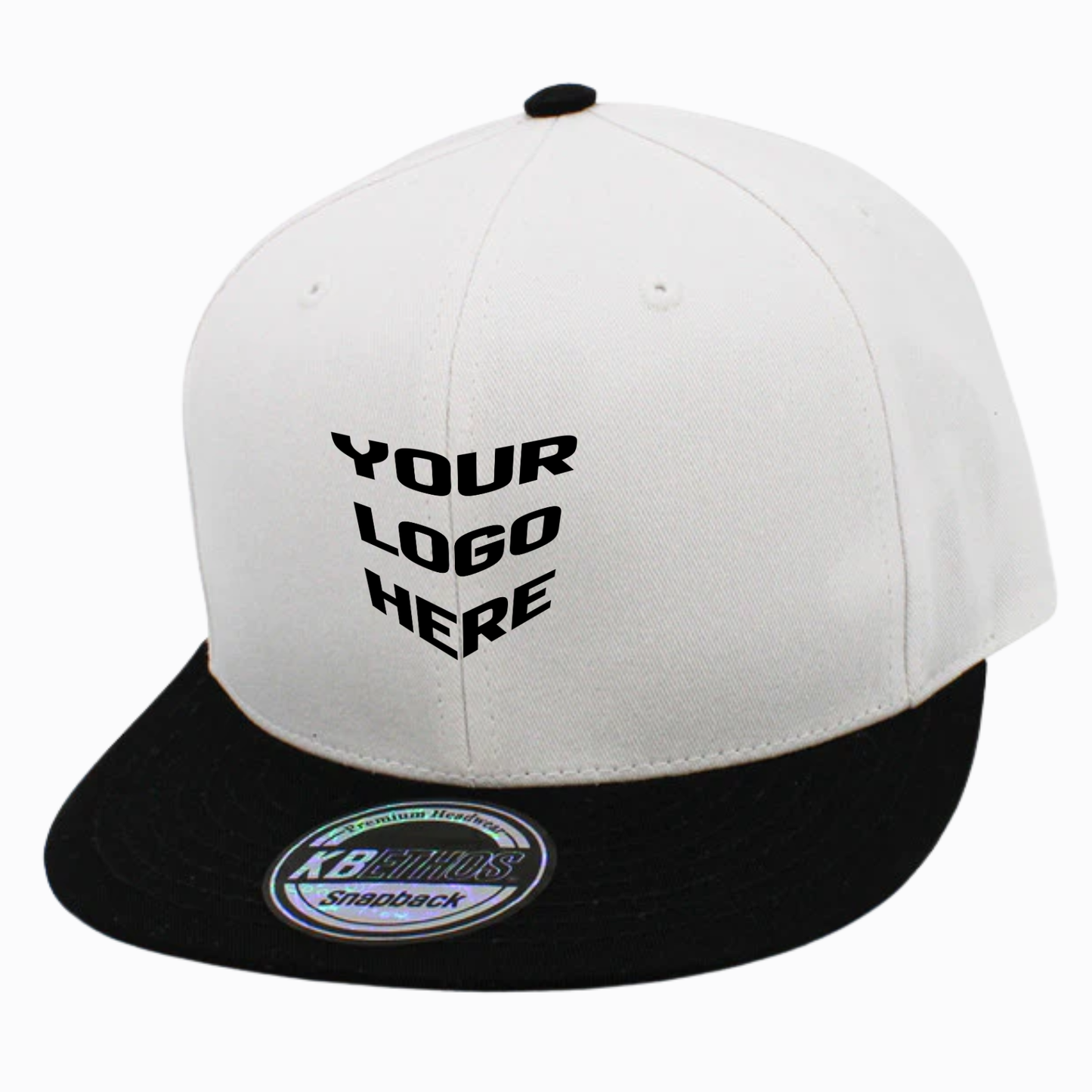 White-and-black cotton snapback cap with front text and oval logo patch