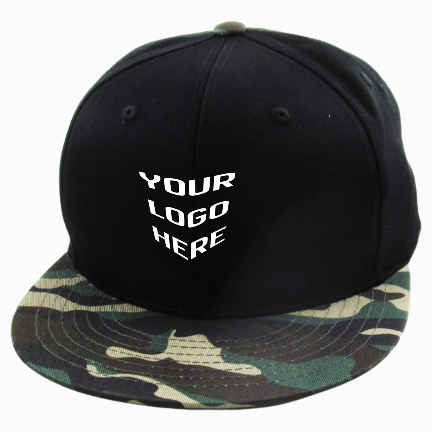 Black cotton snapback cap with front text and camouflage brim with logo patch
