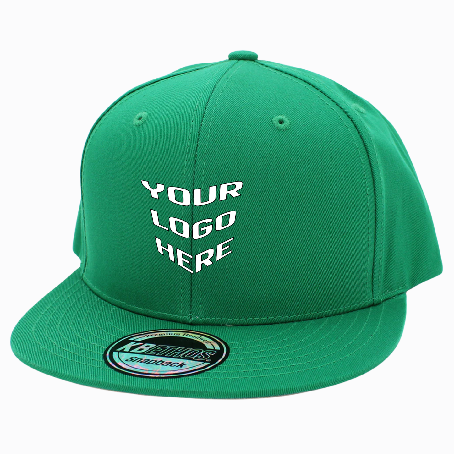 Green cotton snapback cap with front text and oval logo patch on brim