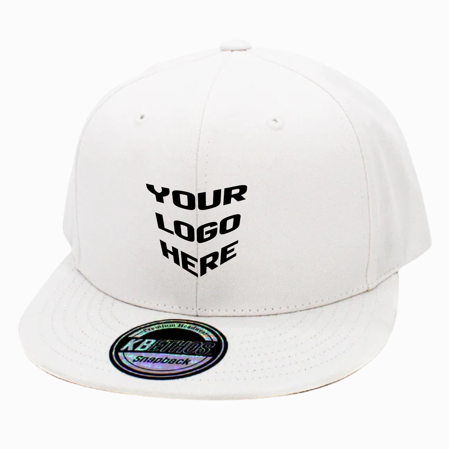 White cotton snapback cap with front text and oval logo patch on brim