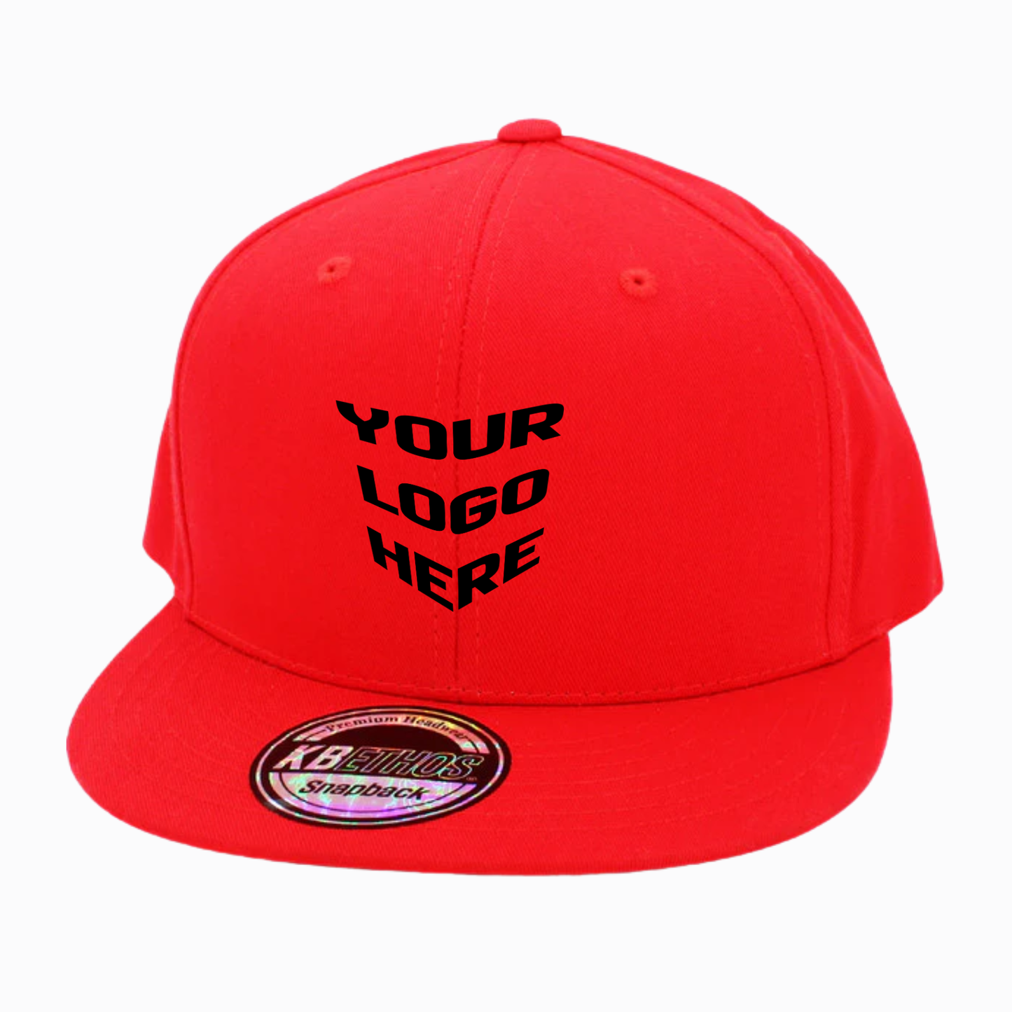 Red cotton snapback cap with front text and oval logo patch on brim