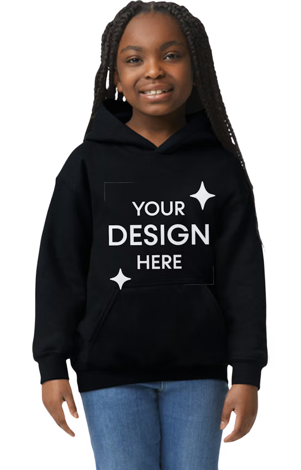 Black youth hoodie with 'YOUR DESIGN HERE' print and star accents