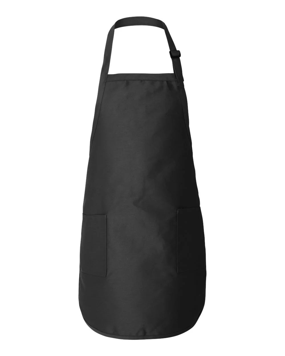 Black full-length apron with front pocket and adjustable neck strap