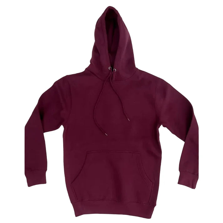 Adult pullover hoodie in burgundy, with kangaroo pocket and drawstring hood.