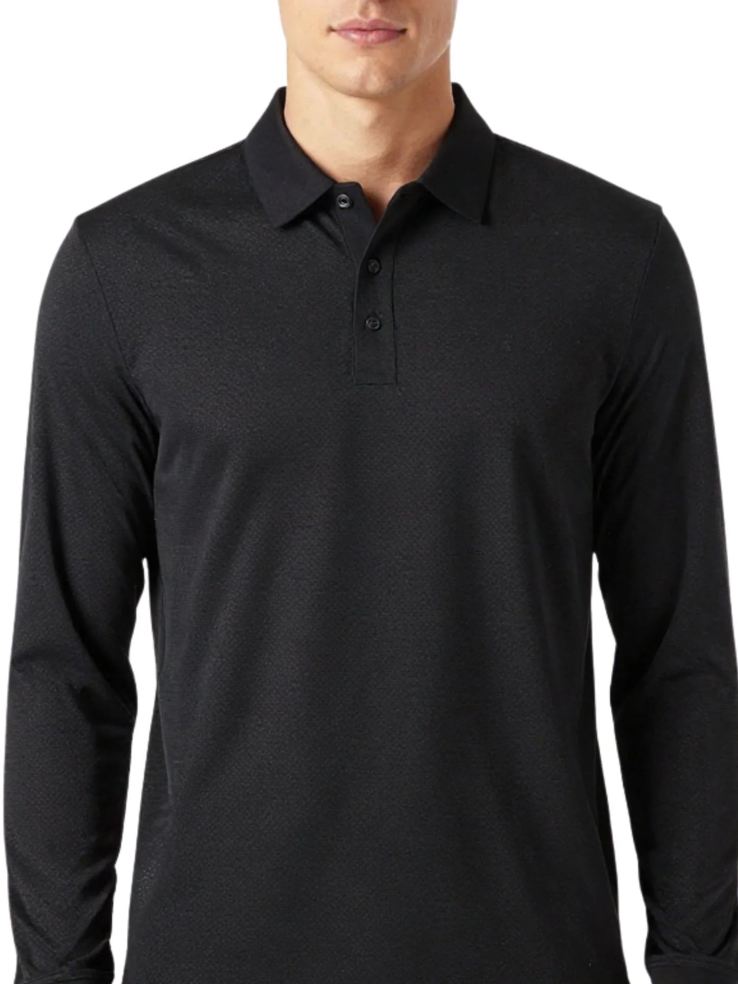 Black performance mesh long sleeve polo shirt with button placket and collar
