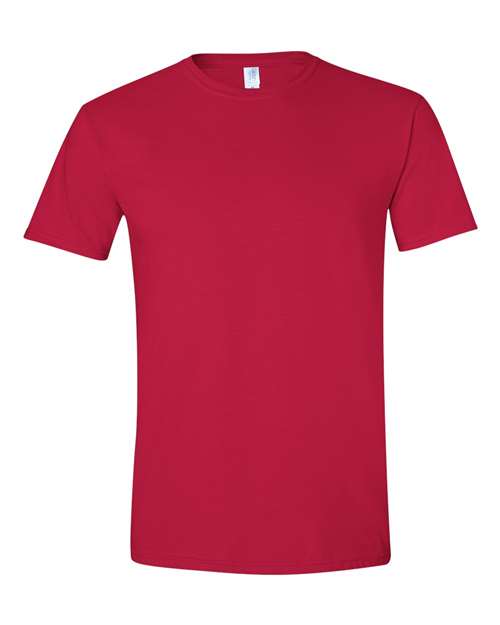 Unisex Softstyle T-shirt in dark red, short-sleeve crew neck, flat view