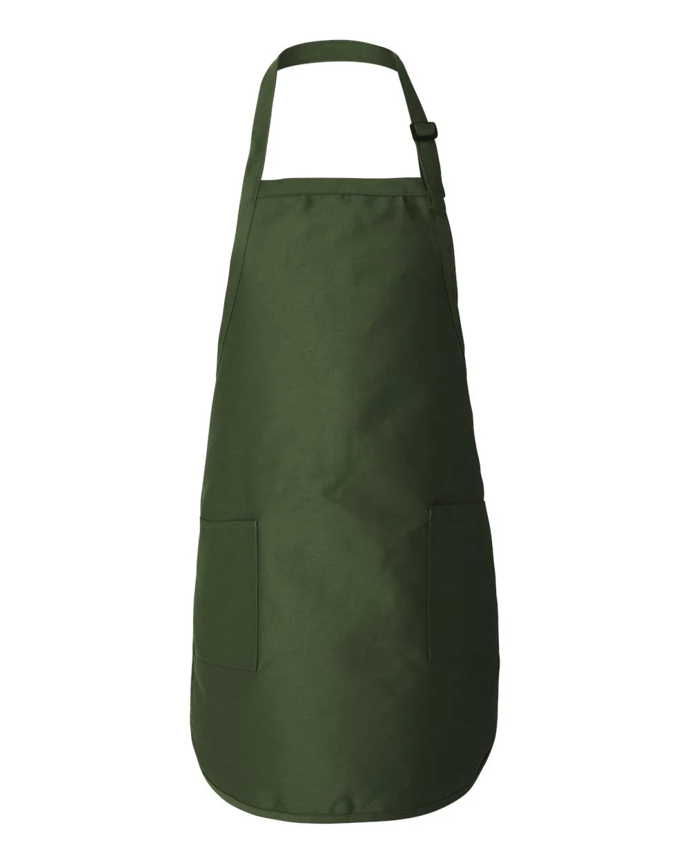 Forest green full-length apron with front pocket and adjustable neck strap