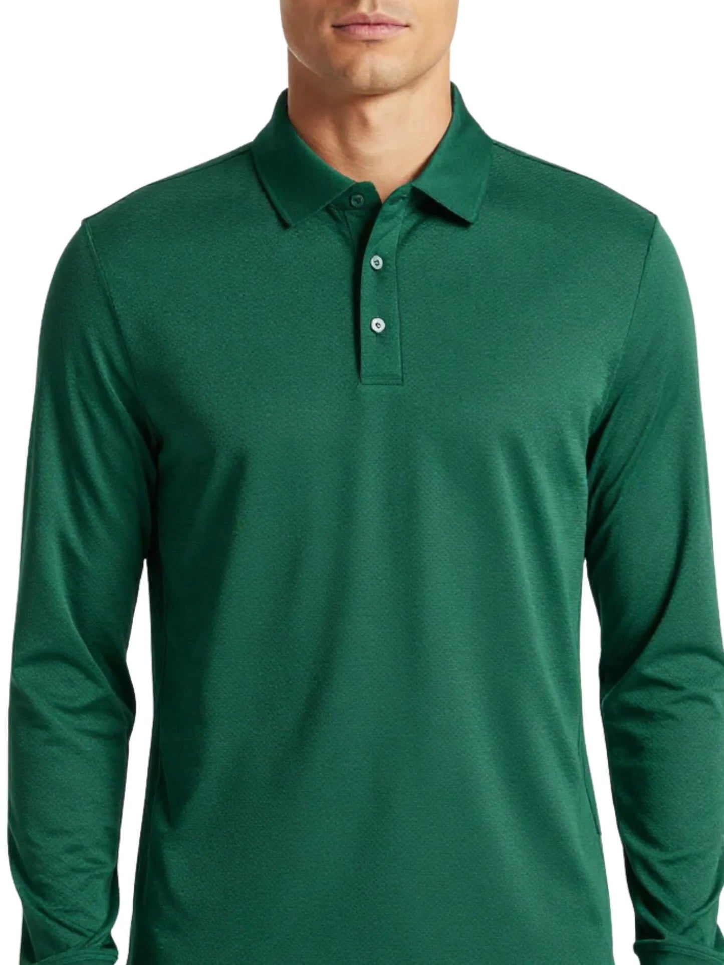 Unisex long-sleeve mesh polo shirt, forest green, buttoned collar and three-button placket