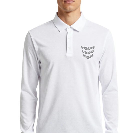 Unisex long-sleeve mesh polo shirt, white, with button placket and logo placeholder