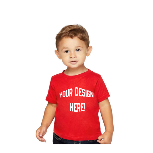 Toddler T-shirt, red cotton with front text "YOUR DESIGN HERE!"