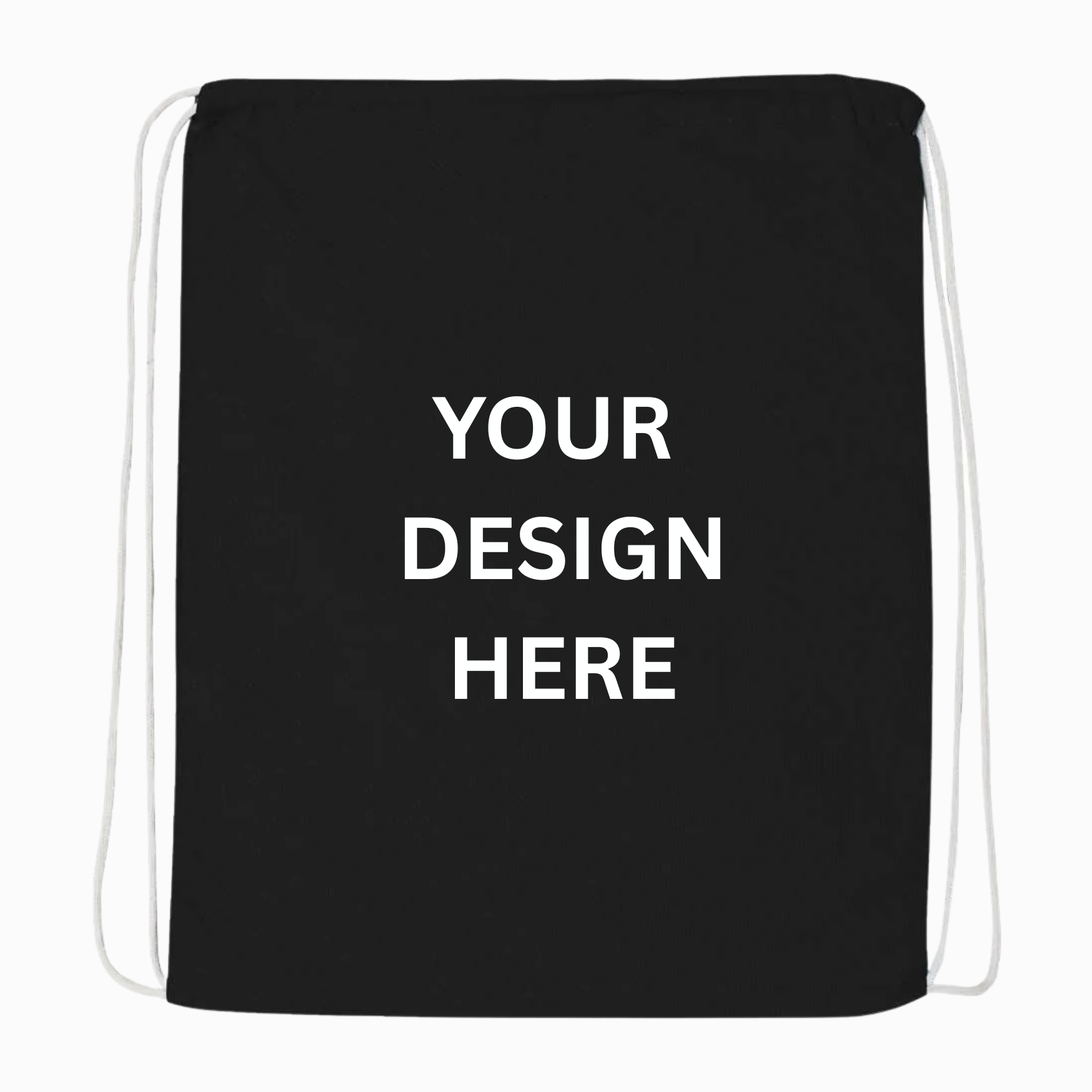 Black drawstring sport pack with printed "YOUR DESIGN HERE" text