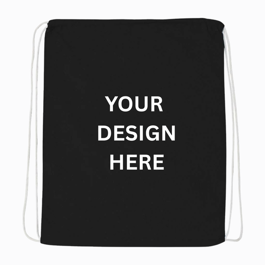 Black drawstring sport pack with printed "YOUR DESIGN HERE" text