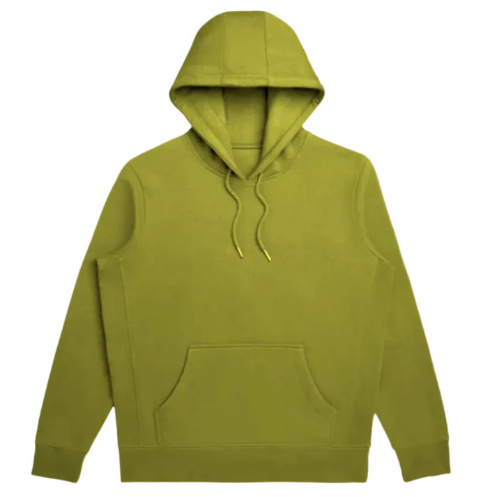 Adult pullover hoodie in military green, with kangaroo pocket and drawstring hood.