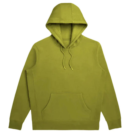 Adult pullover hoodie in military green, with kangaroo pocket and drawstring hood.