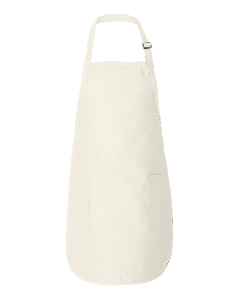 Beige full-length apron with front pocket and adjustable neck strap