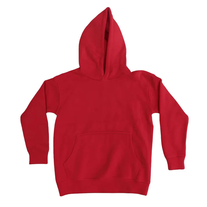 Red youth pullover hoodie with attached hood and front pocket