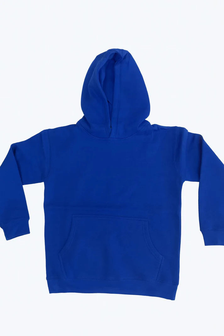 Royal blue youth pullover hoodie with attached hood and kangaroo pocket