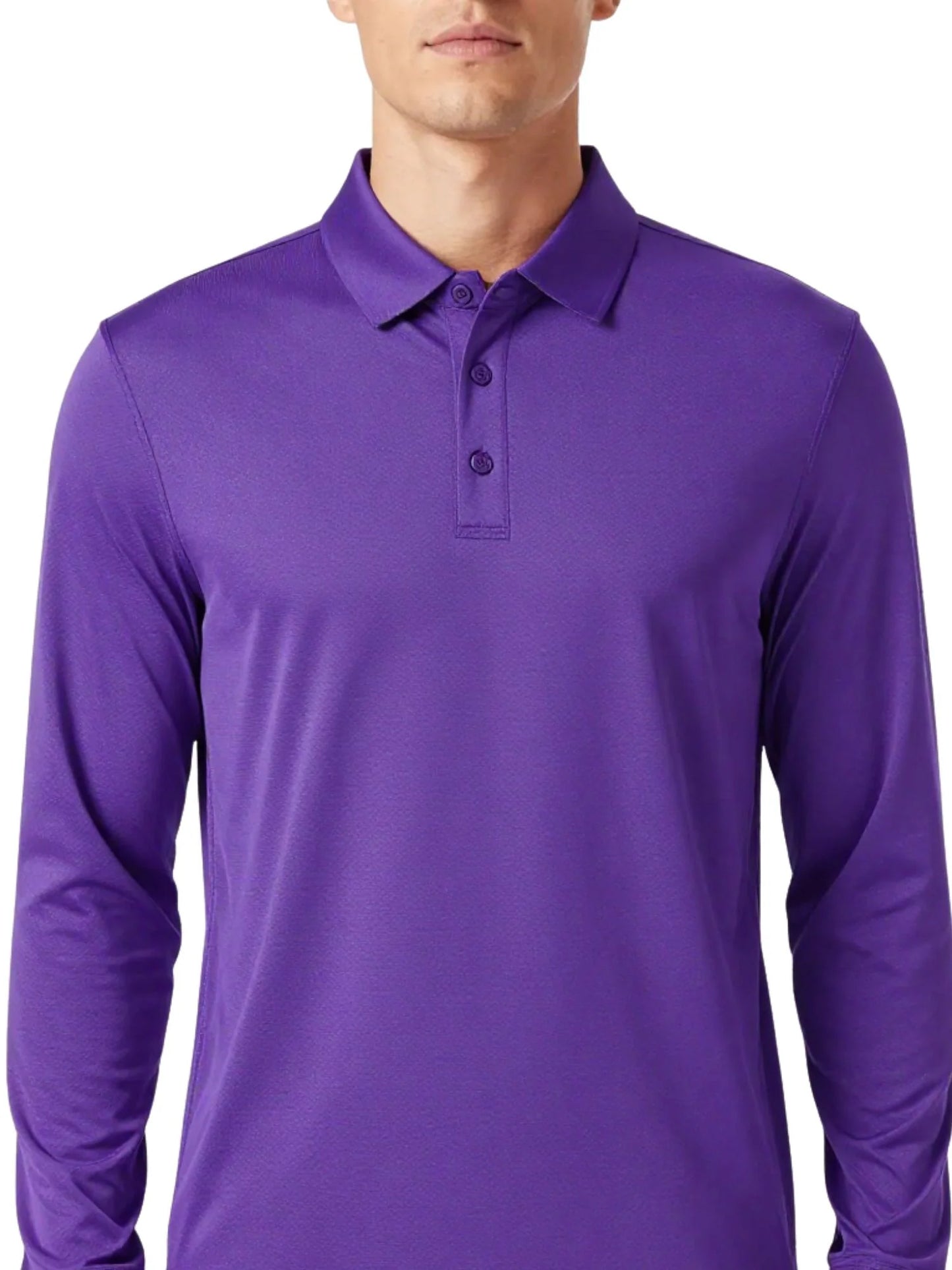 Unisex long-sleeve mesh polo shirt, purple, buttoned collar and three-button placket