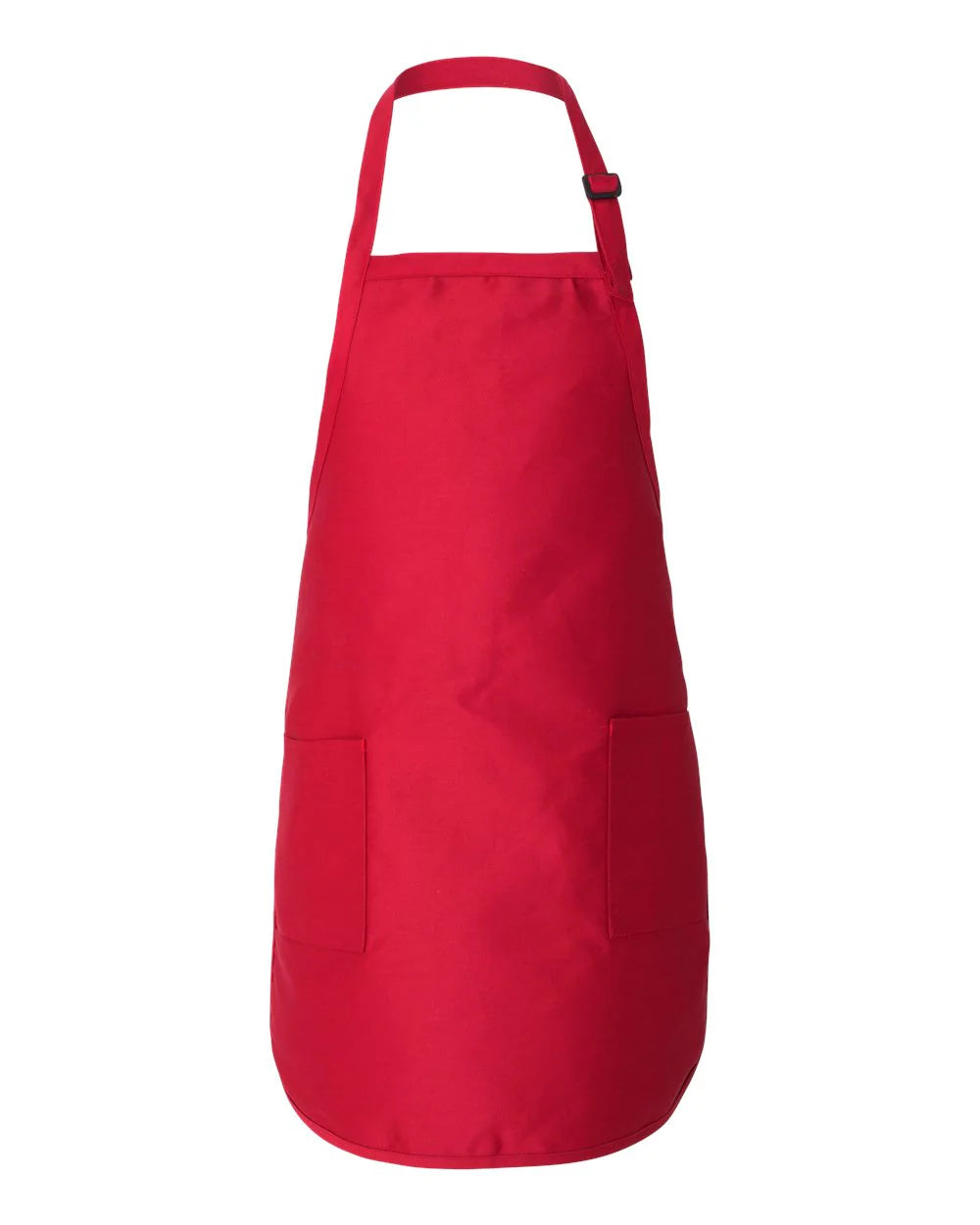 Red full-length apron with front pocket and adjustable neck strap