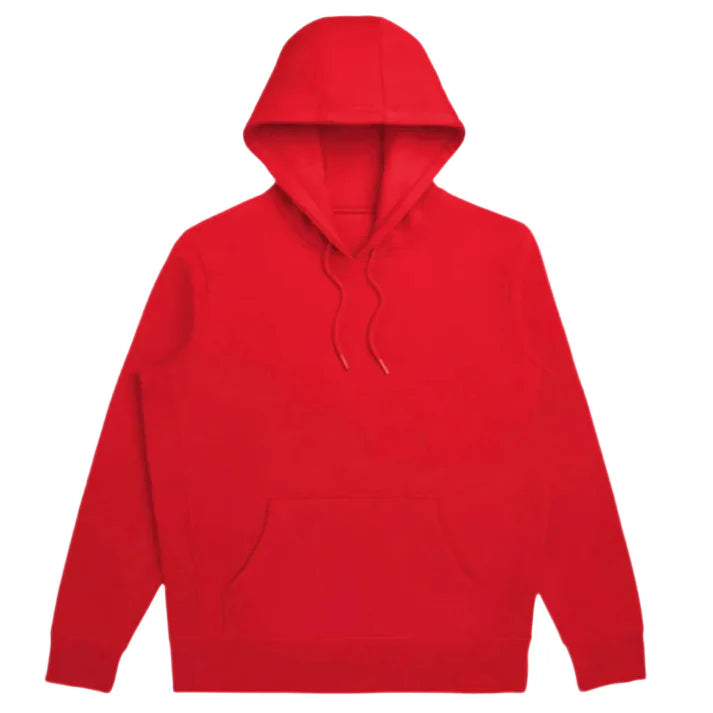 Adult pullover hoodie in red, with kangaroo pocket and drawstring hood.