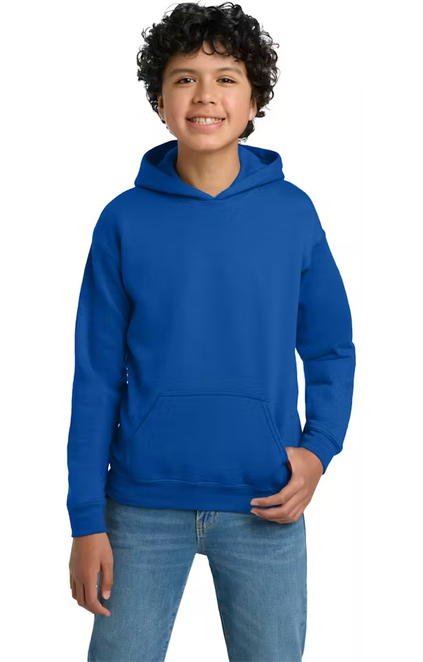 Youth hoodie, blue with front kangaroo pocket and drawstring hood