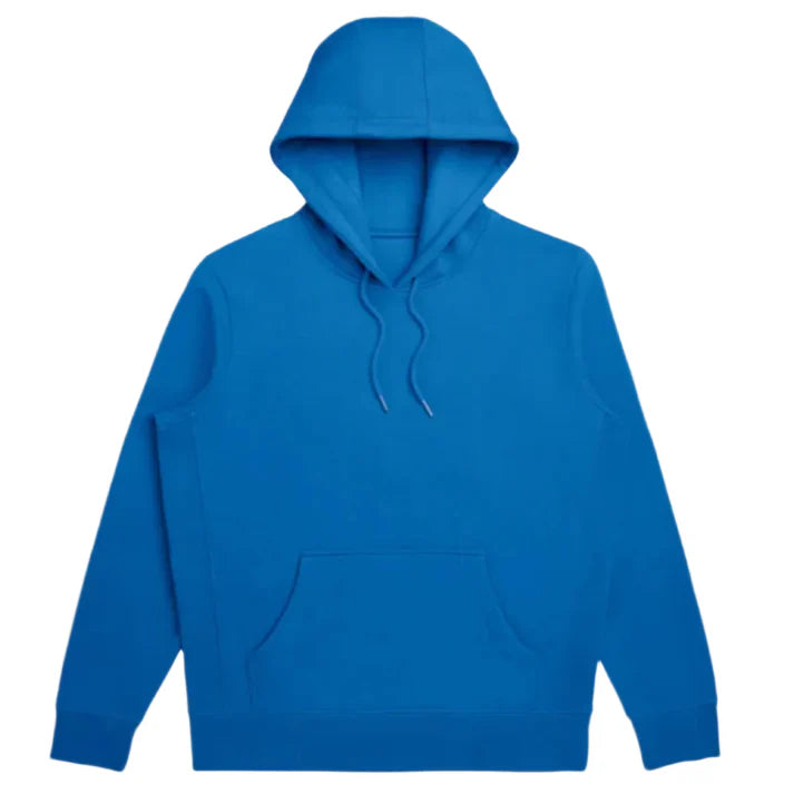 Adult pullover hoodie in blue, with kangaroo pocket and drawstring hood.
