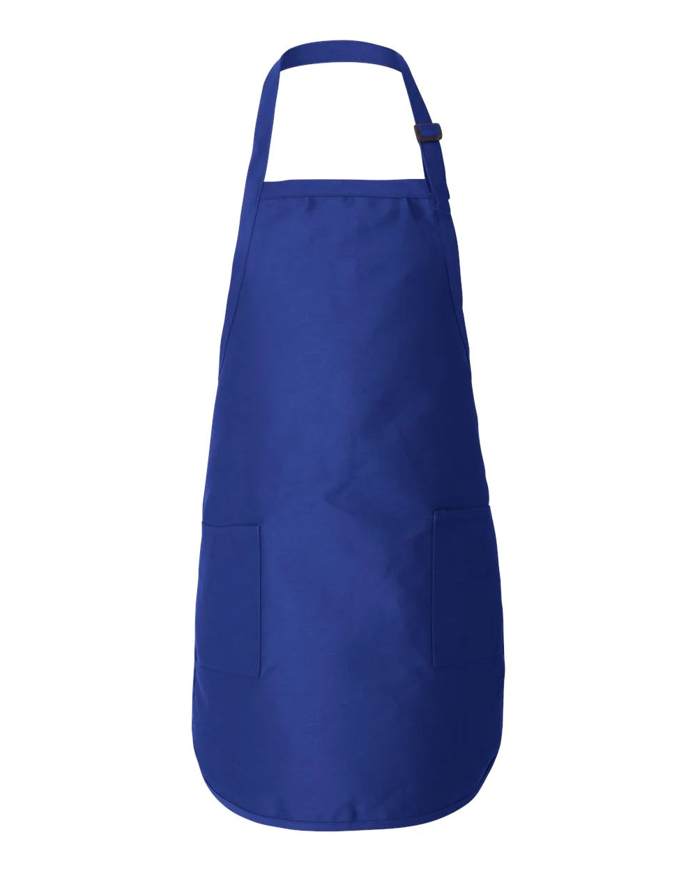 Royal blue full-length apron with front pocket and adjustable neck strap