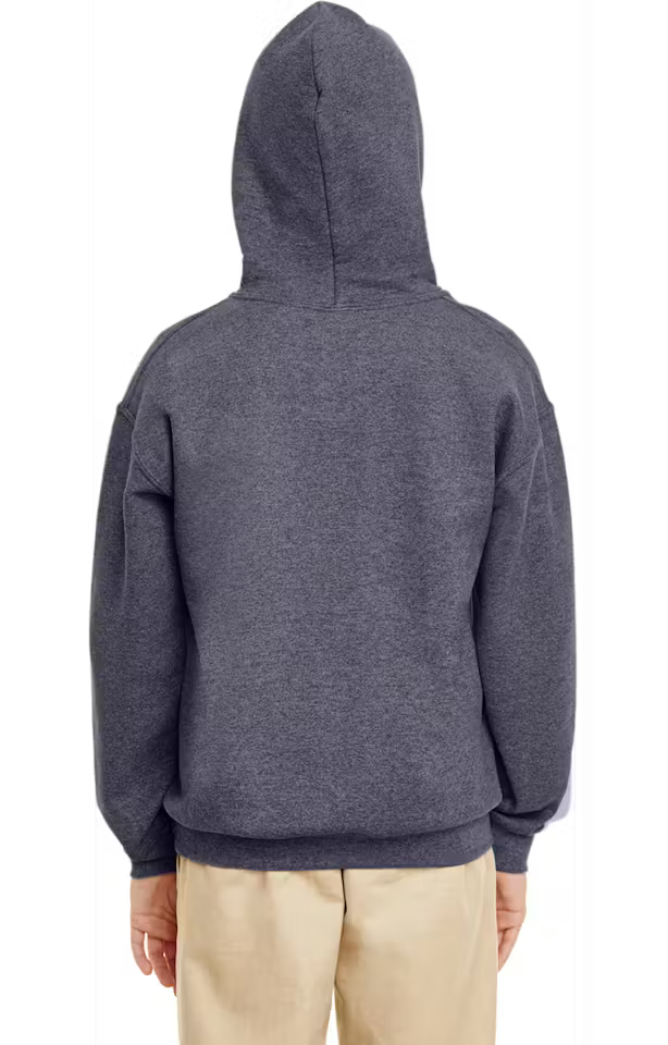 Youth hoodie, heather gray with hood and kangaroo pocket, back view