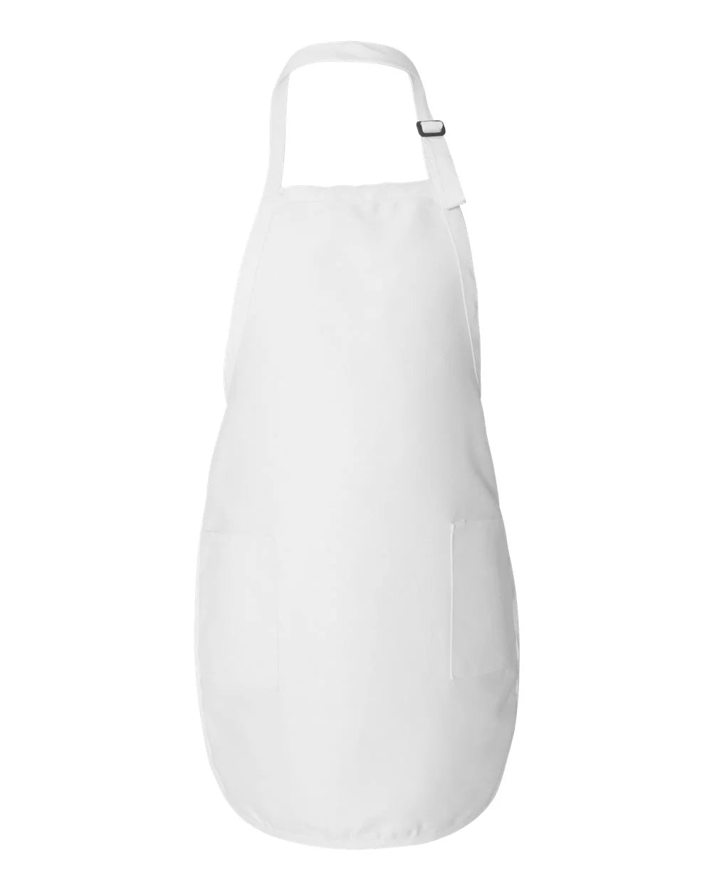 White full-length apron with front pocket and adjustable neck strap