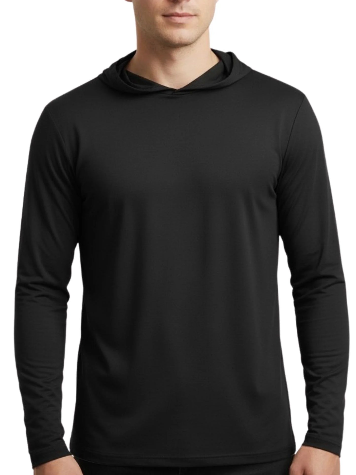 Black unisex hooded long-sleeve performance T-shirt with pullover kangaroo pocket