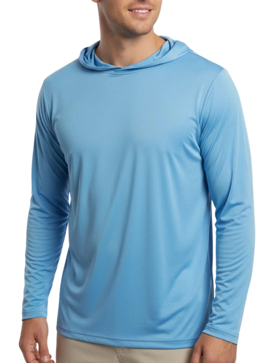 Light blue unisex hooded long-sleeve performance T-shirt with pullover kangaroo pocket