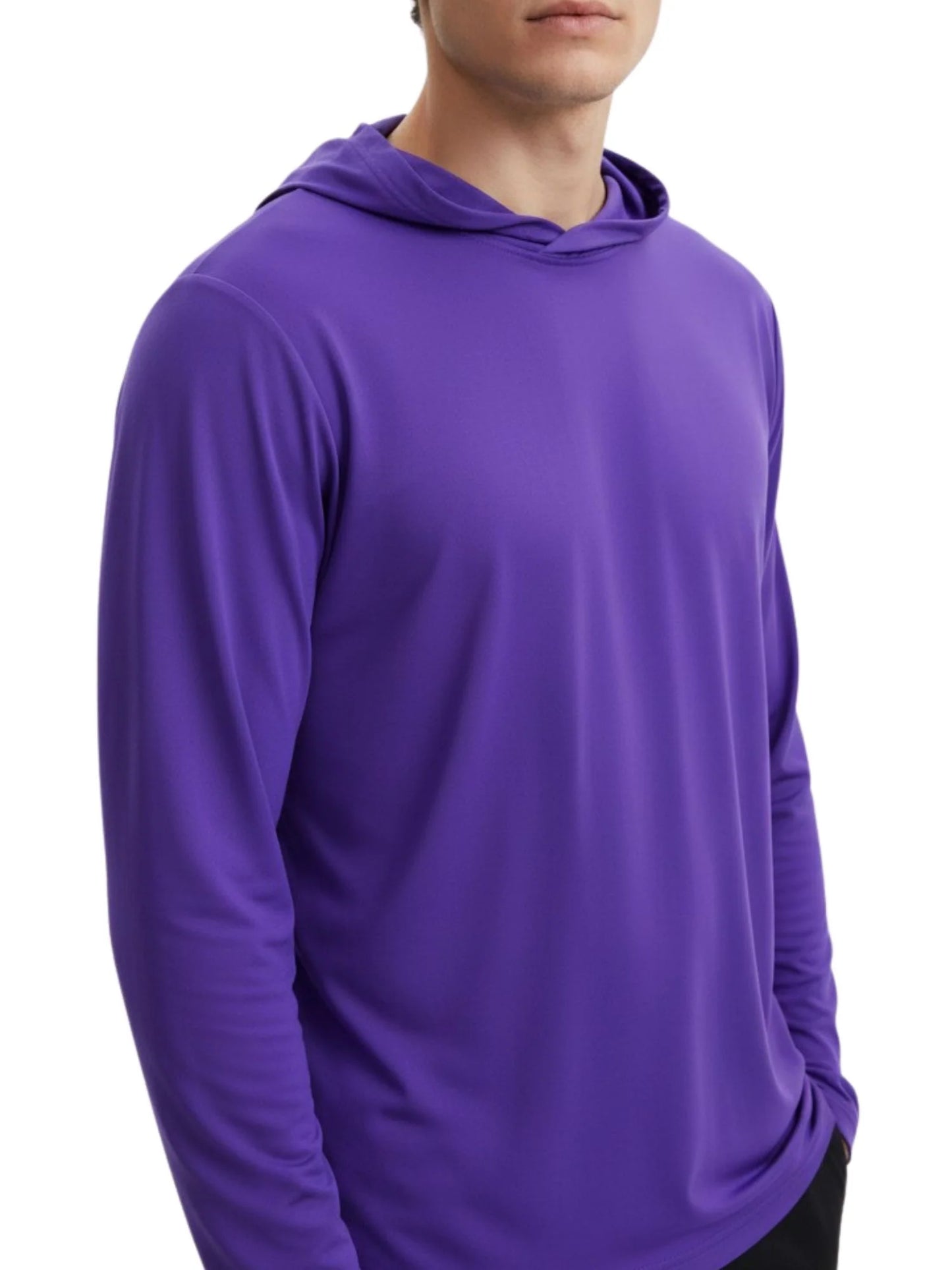 Purple unisex hooded long-sleeve performance T-shirt with pullover kangaroo pocket