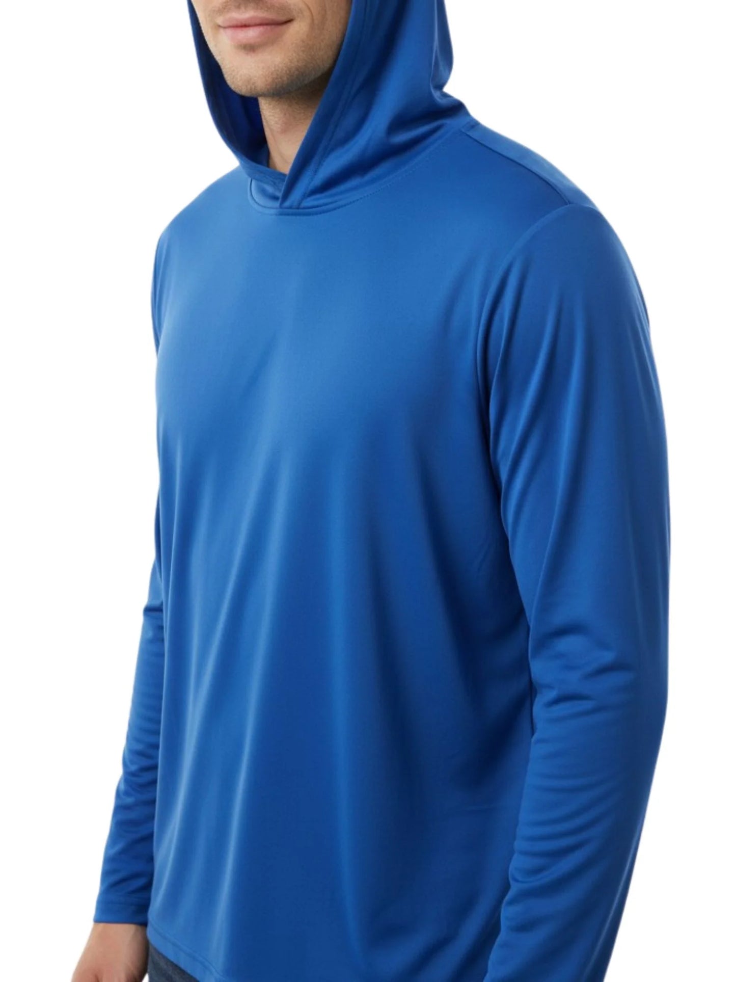 Blue unisex hooded long-sleeve performance T-shirt with pullover kangaroo pocket