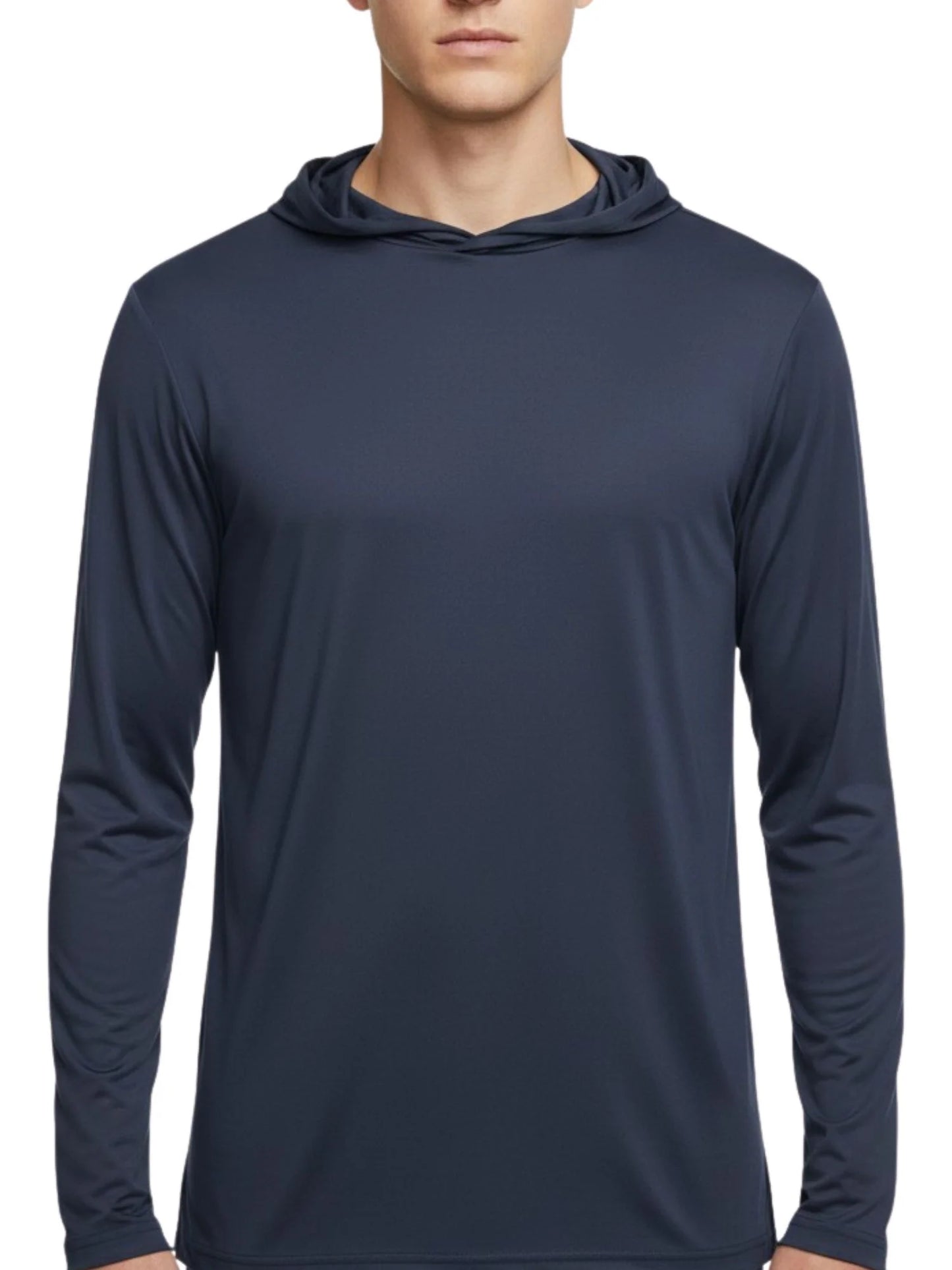 Navy blue unisex hooded long-sleeve performance T-shirt with pullover kangaroo pocket