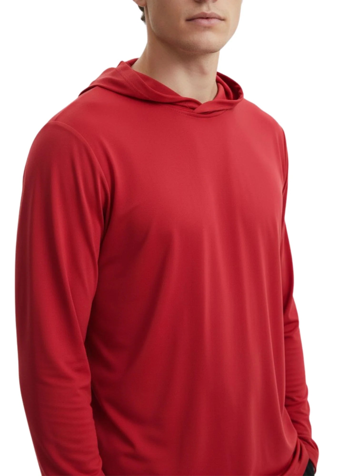 Red unisex hooded long-sleeve performance T-shirt with pullover kangaroo pocket