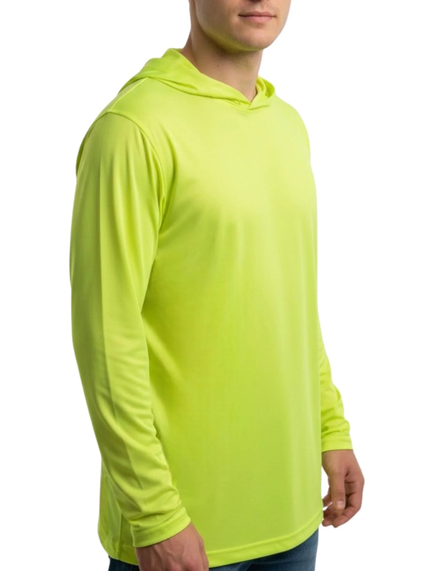 Safety yellow unisex hooded long-sleeve performance T-shirt with pullover kangaroo pocket