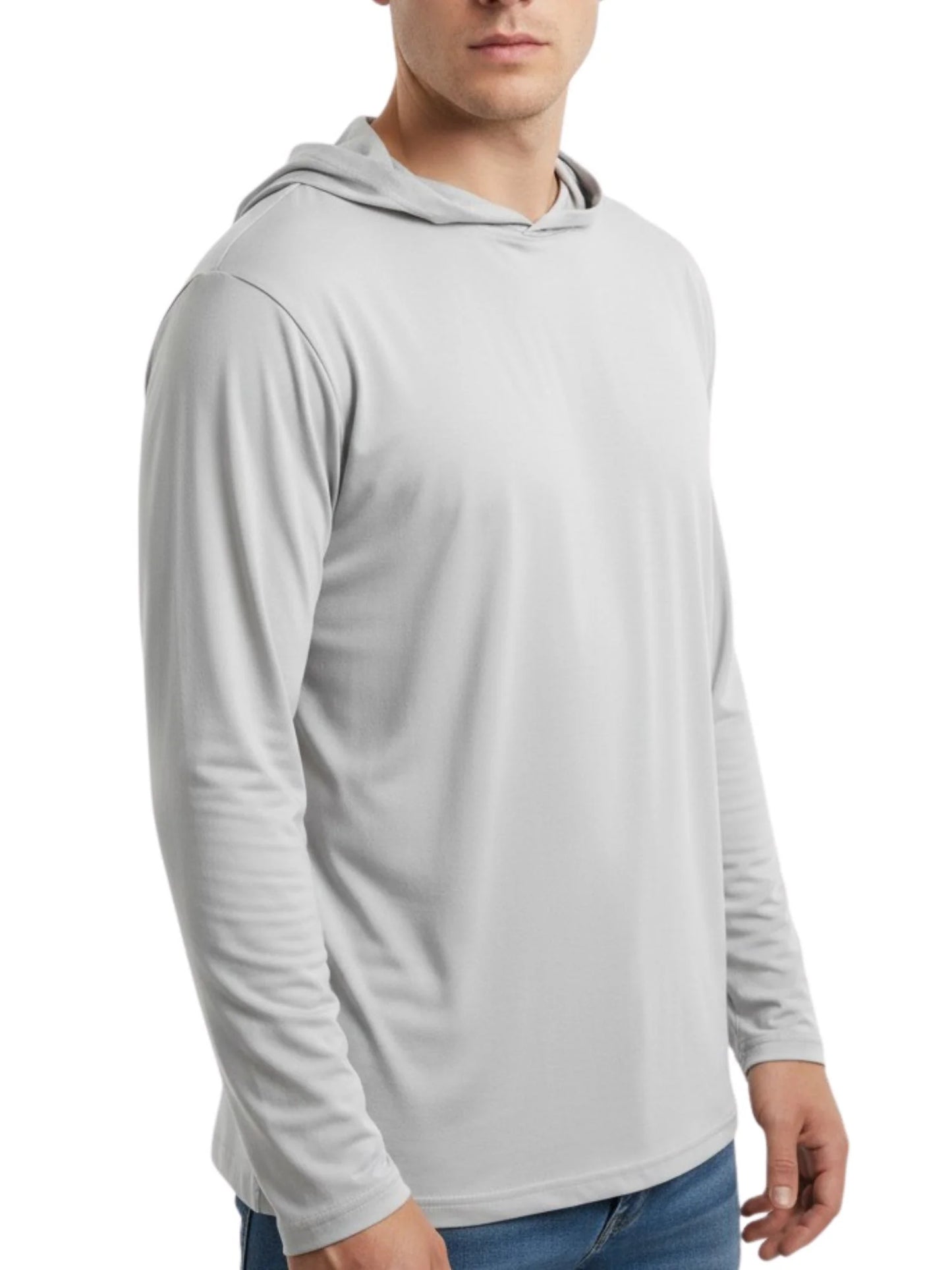 Light gray unisex hooded long-sleeve performance T-shirt with pullover kangaroo pocket