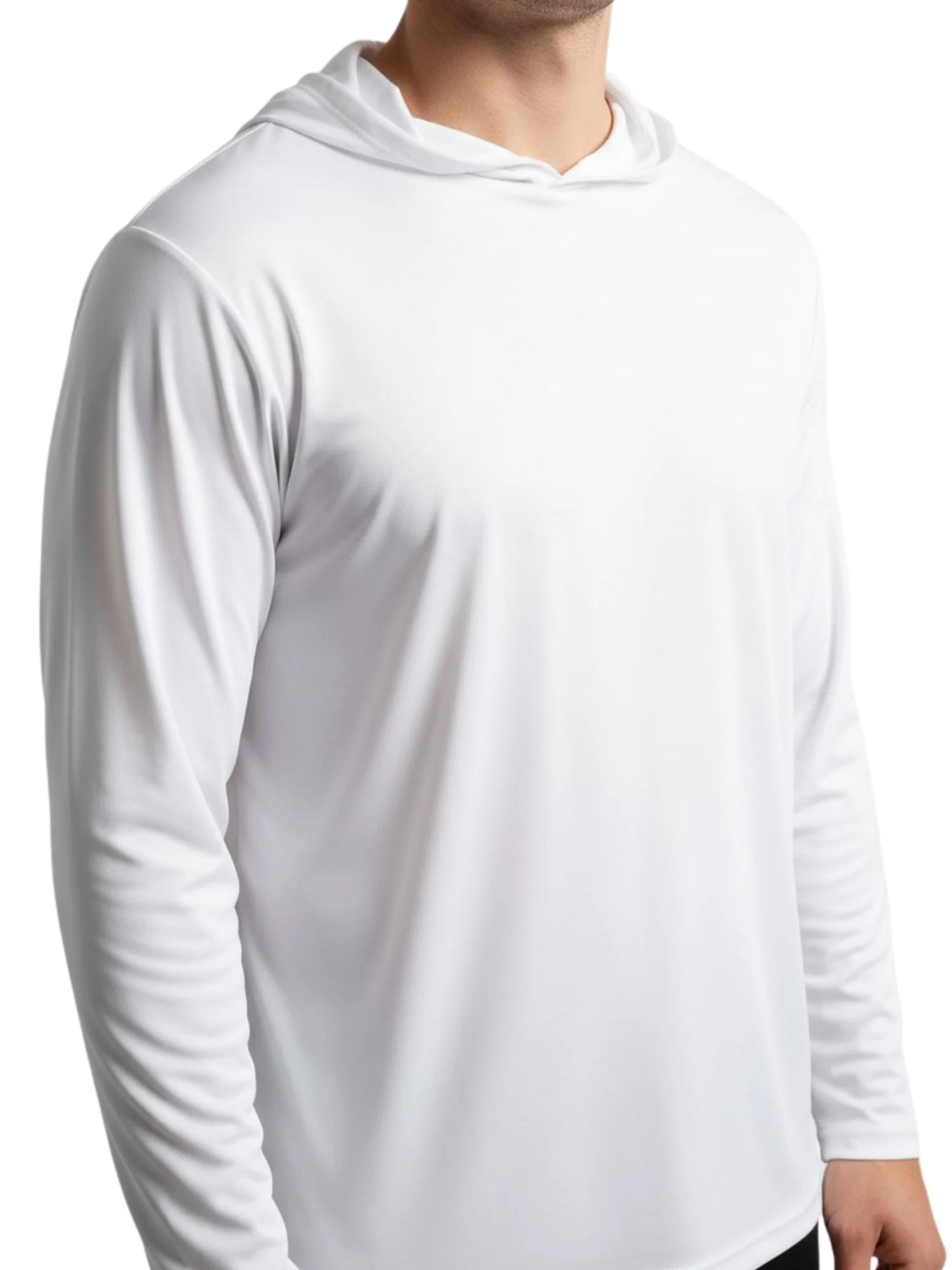 White unisex hooded long-sleeve performance T-shirt with pullover kangaroo pocket