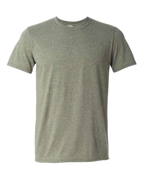 Unisex Softstyle T-shirt in gray, crew neck with short sleeves, flat lay