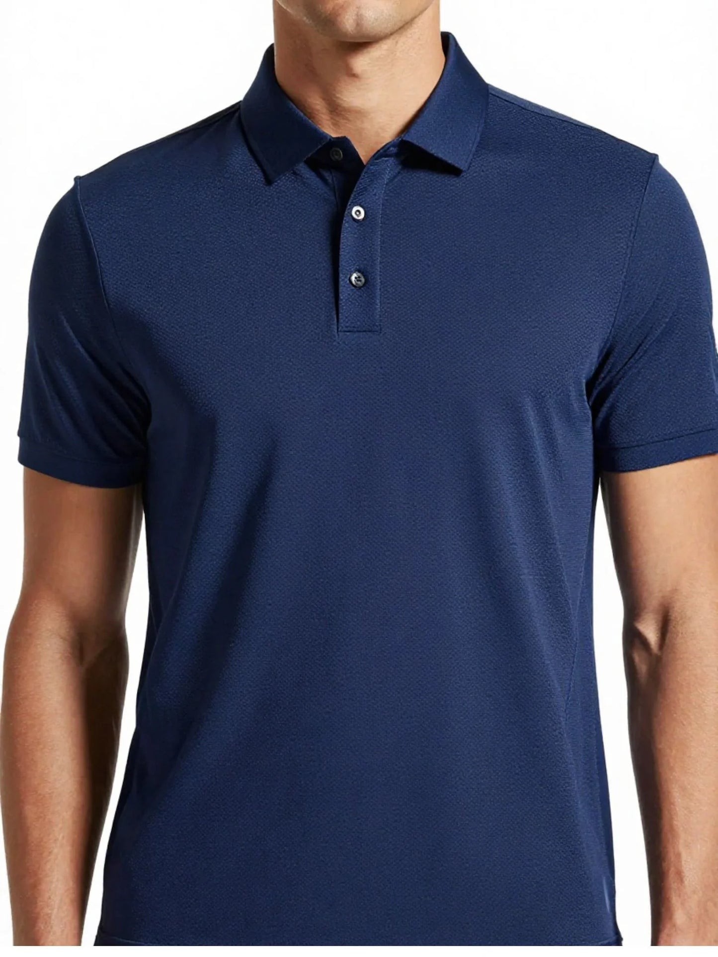 Navy performance mesh polo with button placket and short sleeves