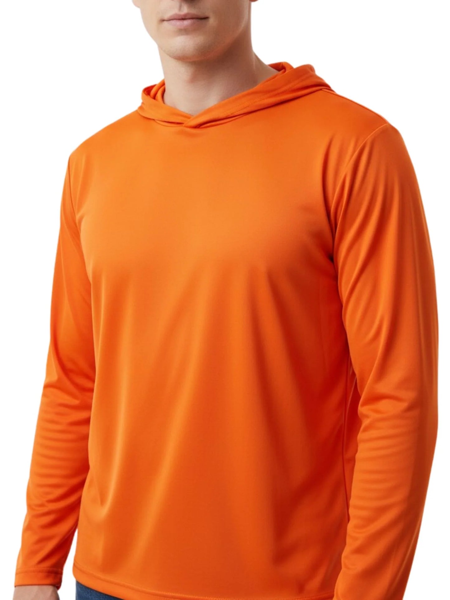 Orange unisex hooded long-sleeve performance T-shirt with pullover kangaroo pocket