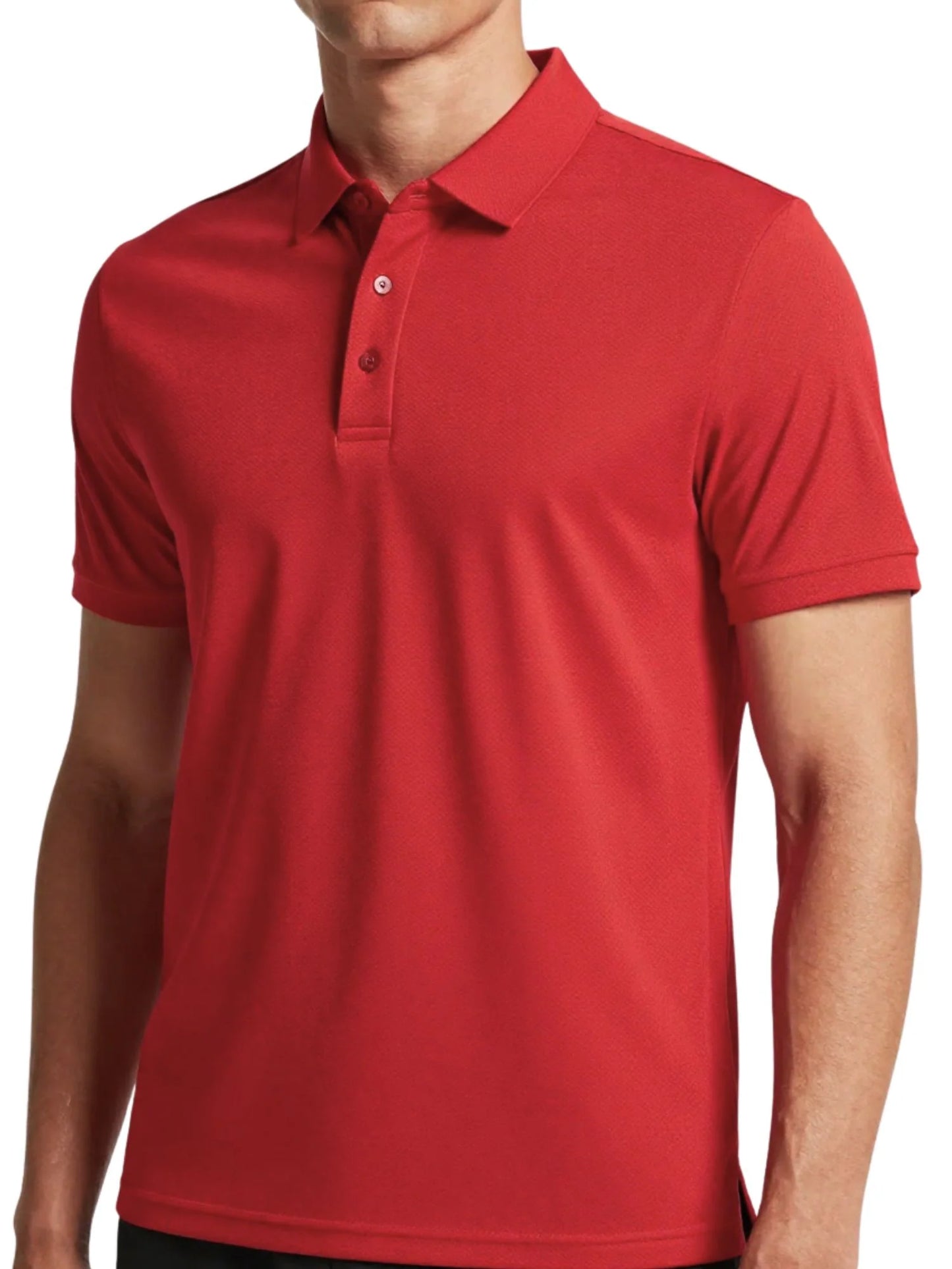 Red performance mesh polo with button placket and short sleeves